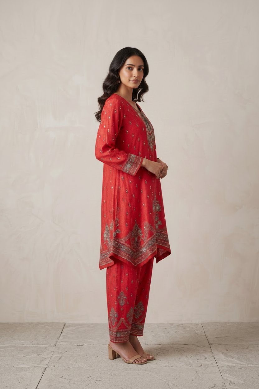 Red Crepe Silk Joga Style With Farsi Salwar