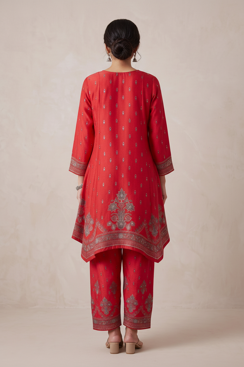 Red Crepe Silk Joga Style With Farsi Salwar