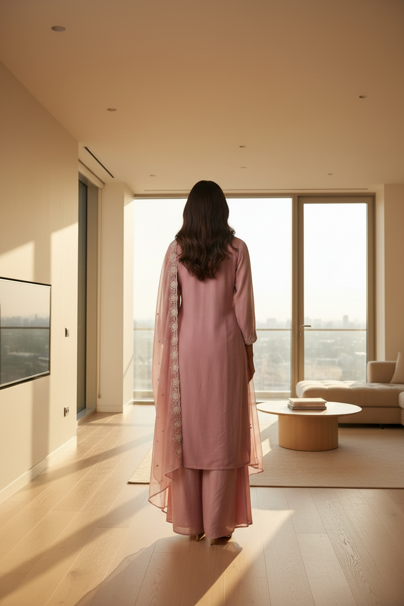 Onion Pink Kora Silk Co-Ord Set With Resham Embroidery – Flare Palazzo