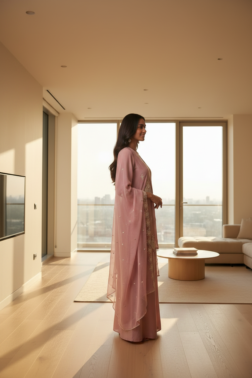 Onion Pink Kora Silk Co-Ord Set With Resham Embroidery – Flare Palazzo