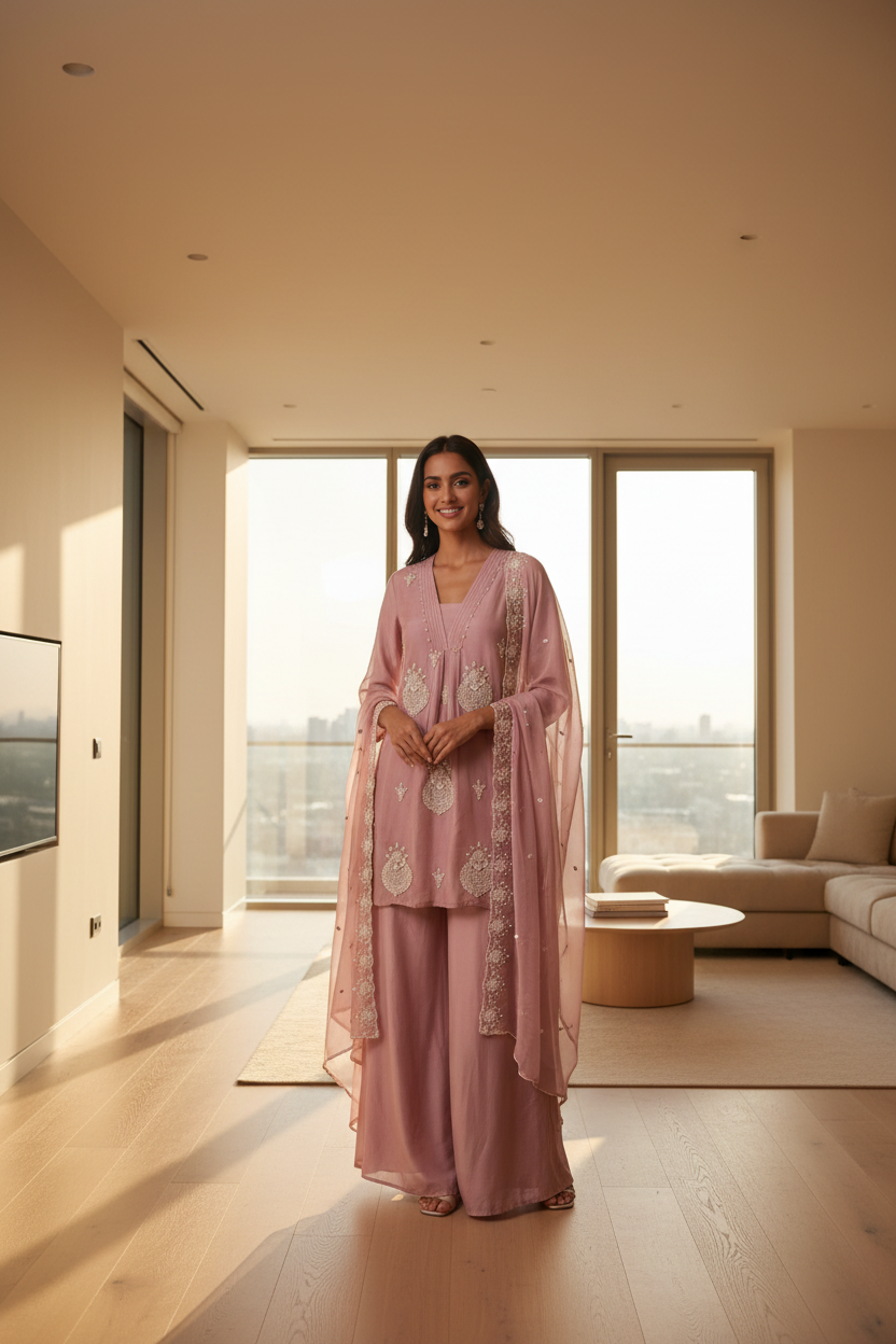 Onion Pink Kora Silk Co-Ord Set With Resham Embroidery – Flare Palazzo
