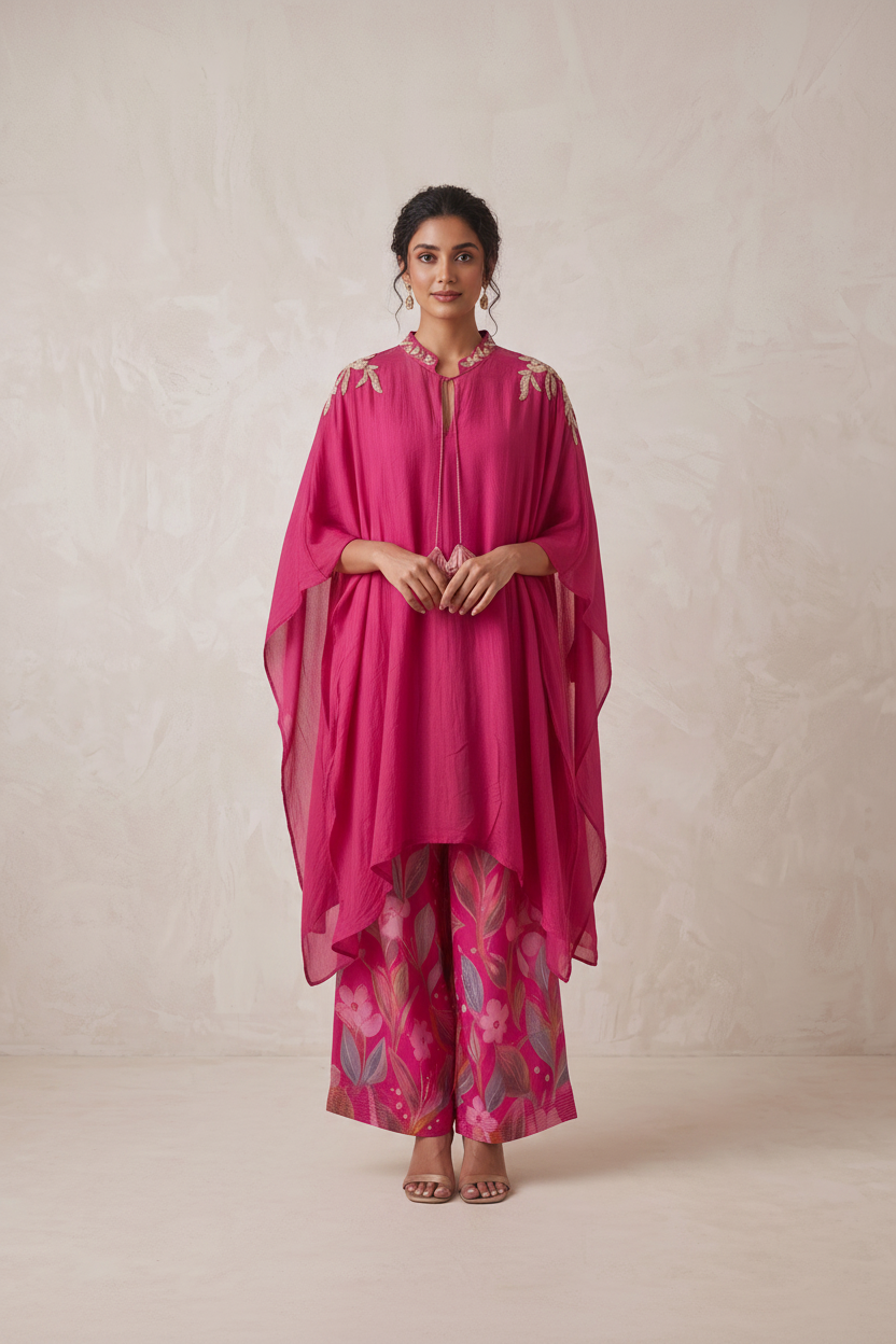 Rose Pink Silk Chiffon Kaftan- Farsi Salwar