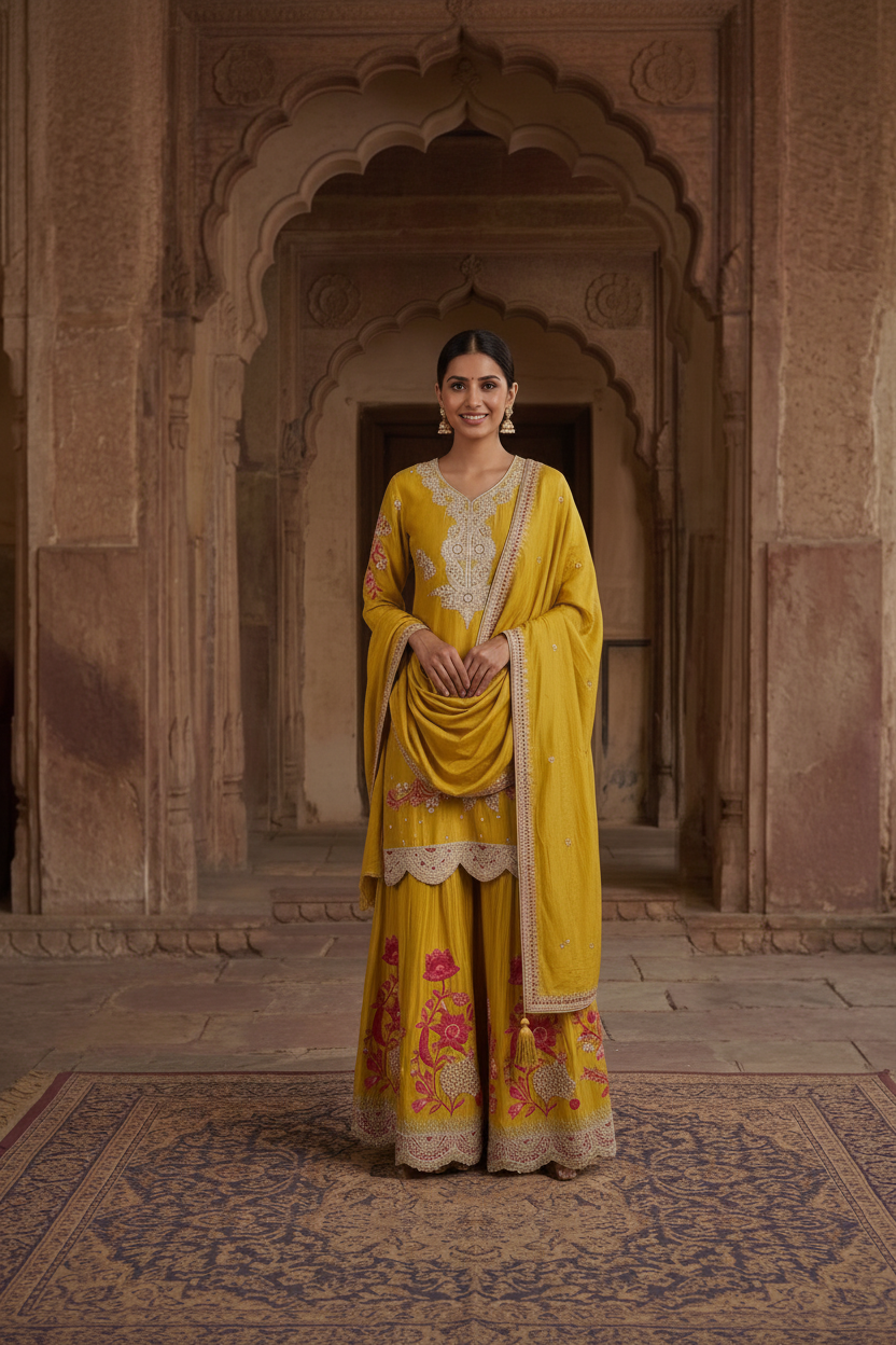 Mustard Yellow Embroidered Chinon Silk Set With Dupatta – Flare Palazzo