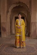 Mustard Yellow Embroidered Chinon Silk Set With Dupatta – Flare Palazzo