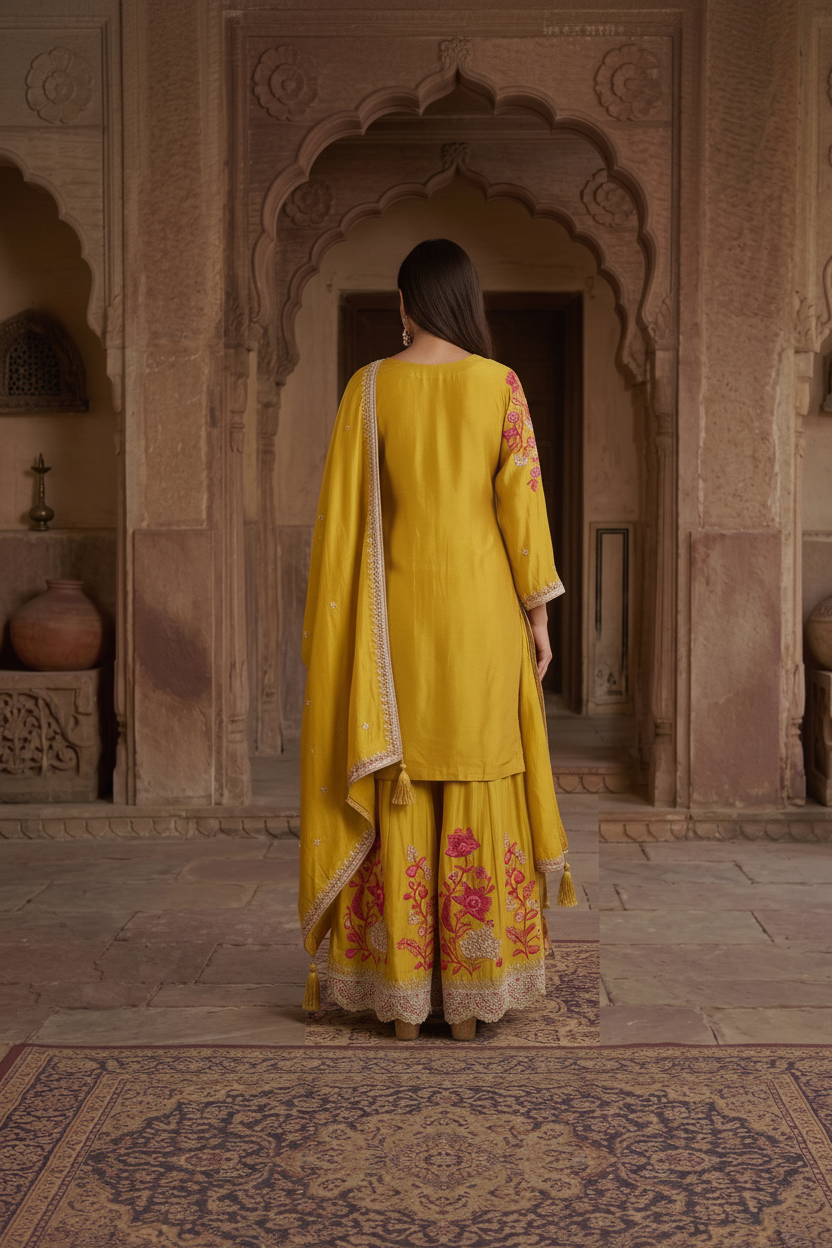 Mustard Yellow Embroidered Chinon Silk Set With Dupatta – Flare Palazzo