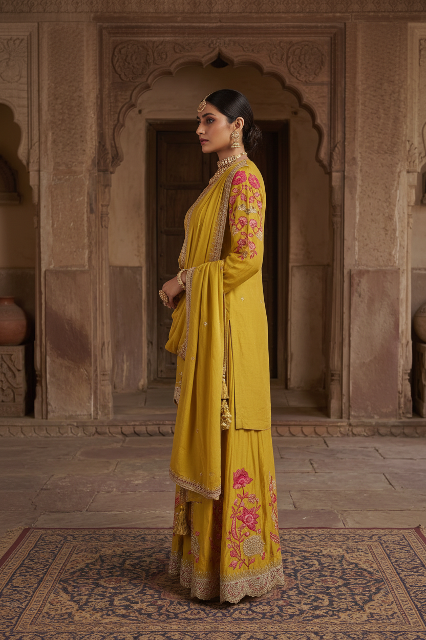 Mustard Yellow Embroidered Chinon Silk Set With Dupatta – Flare Palazzo