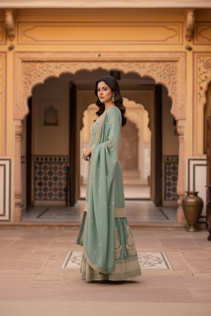 Mint Green Embroidered Chinon Silk Set With Dupatta – Flare Palazzo