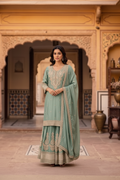 Mint Green Embroidered Chinon Silk Set With Dupatta – Flare Palazzo
