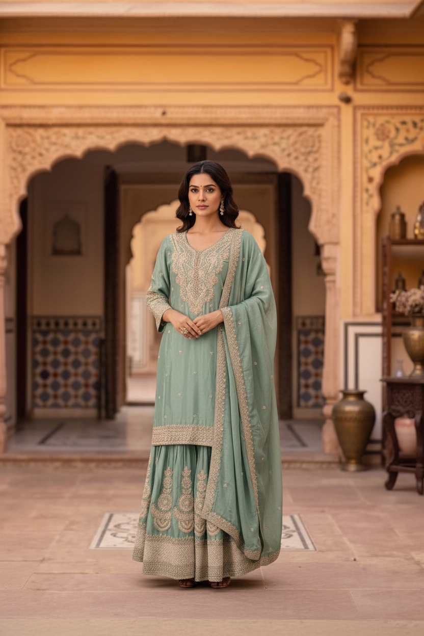 Mint Green Embroidered Chinon Silk Set With Dupatta – Flare Palazzo