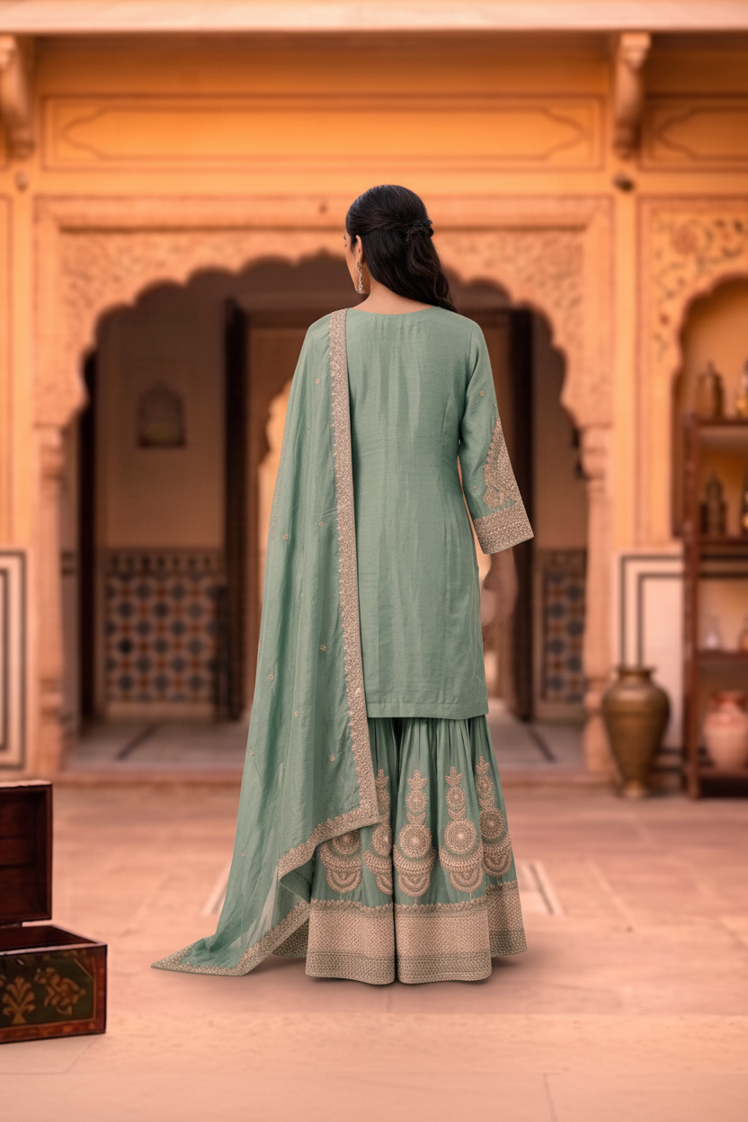 Mint Green Embroidered Chinon Silk Set With Dupatta – Flare Palazzo