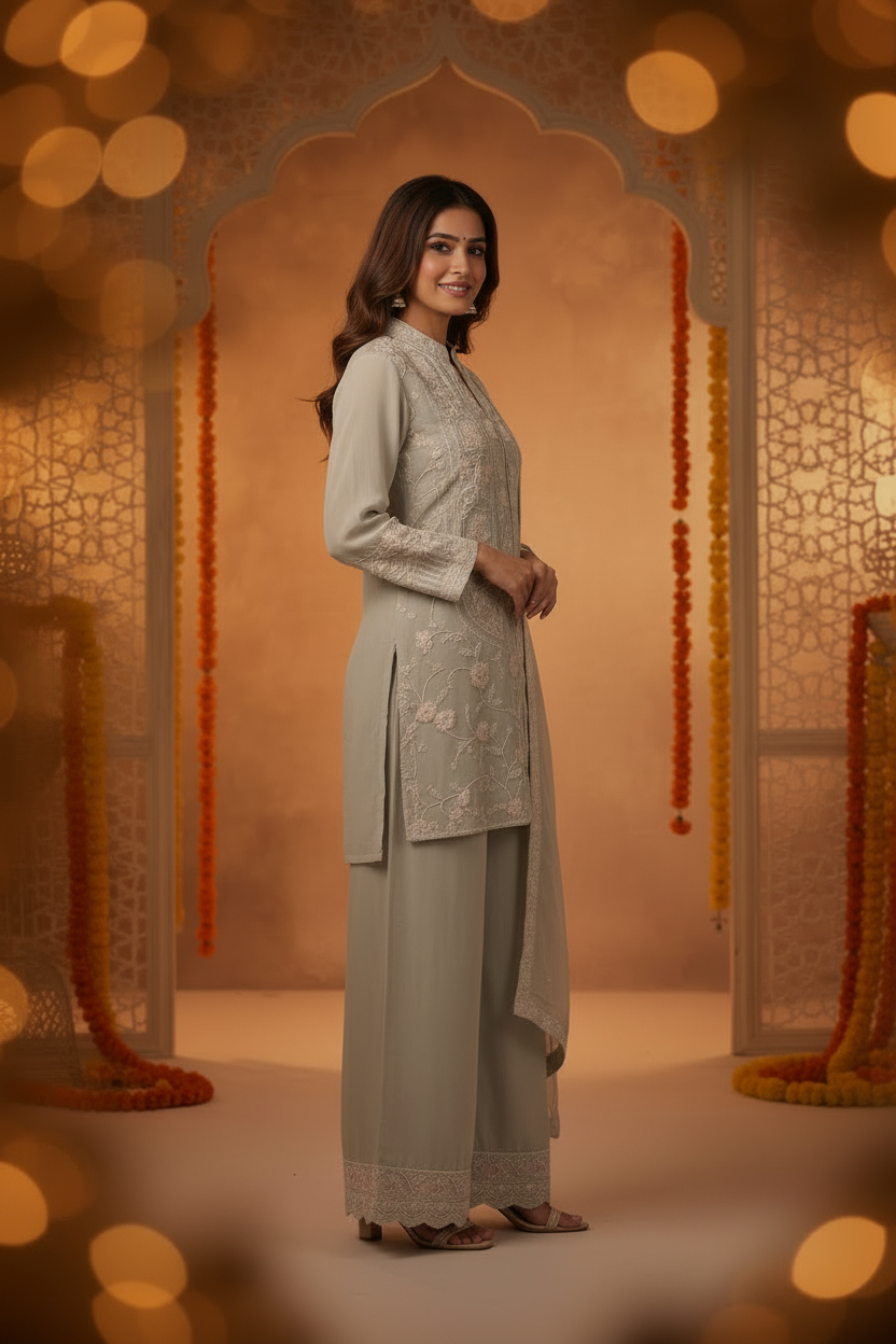 Beige Crepe Embroidered Co-Ord Set With Dupatta -Straight Palazzo