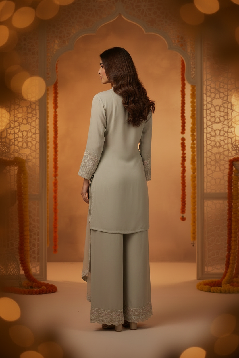 Beige Crepe Embroidered Co-Ord Set With Dupatta -Straight Palazzo