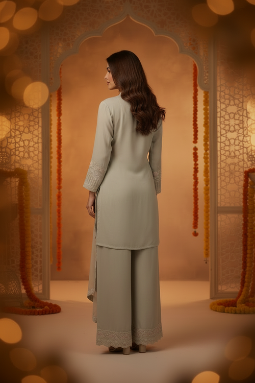 Beige Crepe Embroidered Co-Ord Set With Dupatta -Straight Palazzo