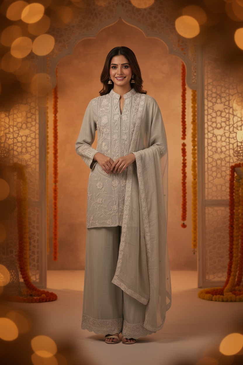 Beige Crepe Embroidered Co-Ord Set With Dupatta -Straight Palazzo