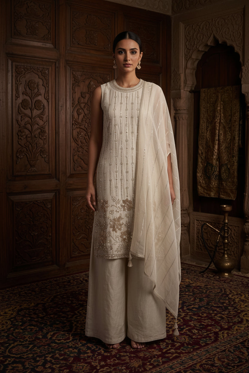 Off-White Embroidered Organza Tissue Set With Dupatta – Wide leg Palazzo
