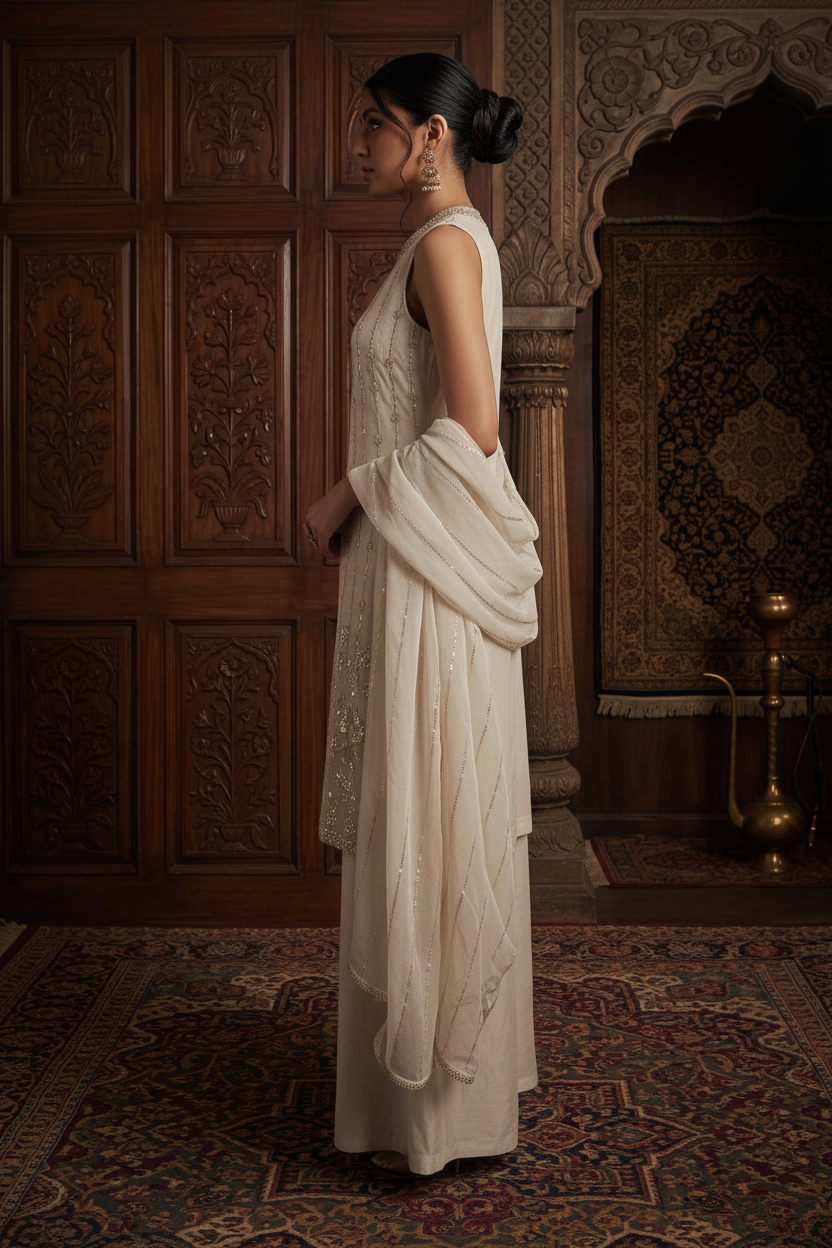 Off-White Embroidered Organza Tissue Set With Dupatta – Wide leg Palazzo