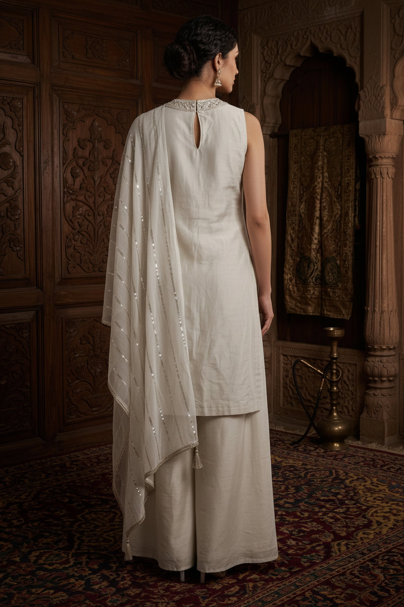 Off-White Embroidered Organza Tissue Set With Dupatta – Wide leg Palazzo