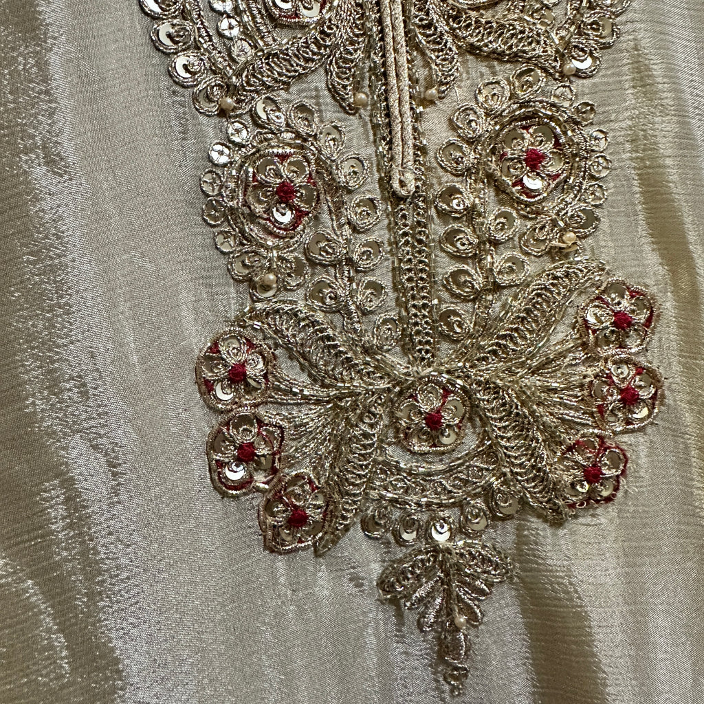 Warm Grey Chinon Silk Embroidered Set with Dupatta – Flare Palazzo