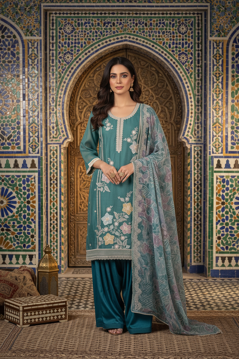 Emerald Green Organza Silk Appliqué, Thread And Stone Embroidery Set With Dupatta – Salwar