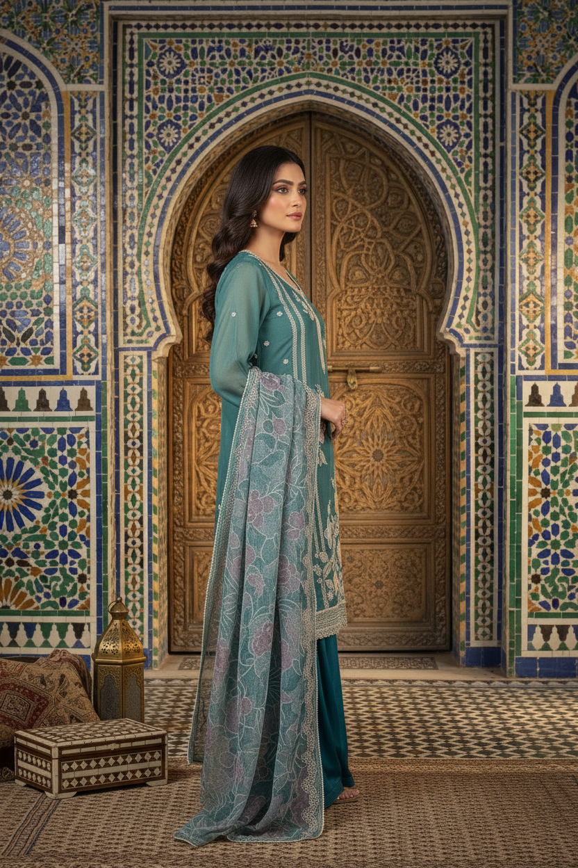 Emerald Green Organza Silk Appliqué, Thread And Stone Embroidery Set With Dupatta – Salwar