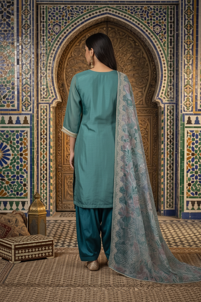 Emerald Green Organza Silk Appliqué, Thread And Stone Embroidery Set With Dupatta – Salwar