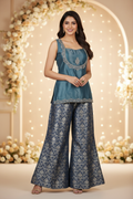 Dark Grey Soft Organza Tissue Top- Jacquard Brocade Belled Bottom
