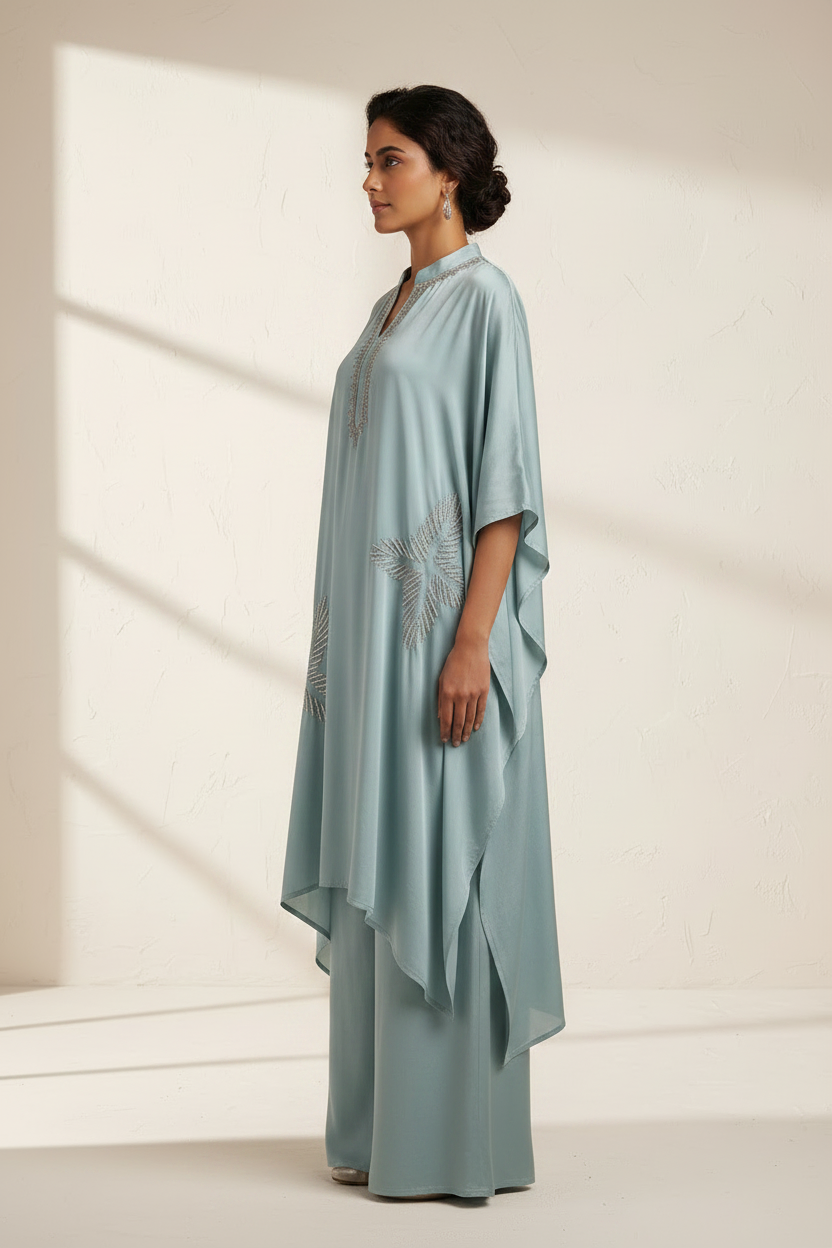 Powder Blue Silk Chiffon Kaftan With Wide-Leg Palazzo