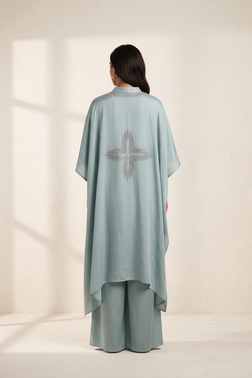 Powder Blue Silk Chiffon Kaftan With Wide-Leg Palazzo