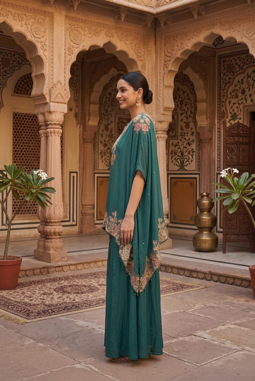 Deep Teal Embroidered Kora Silk Kaftan With Flared Palazzo