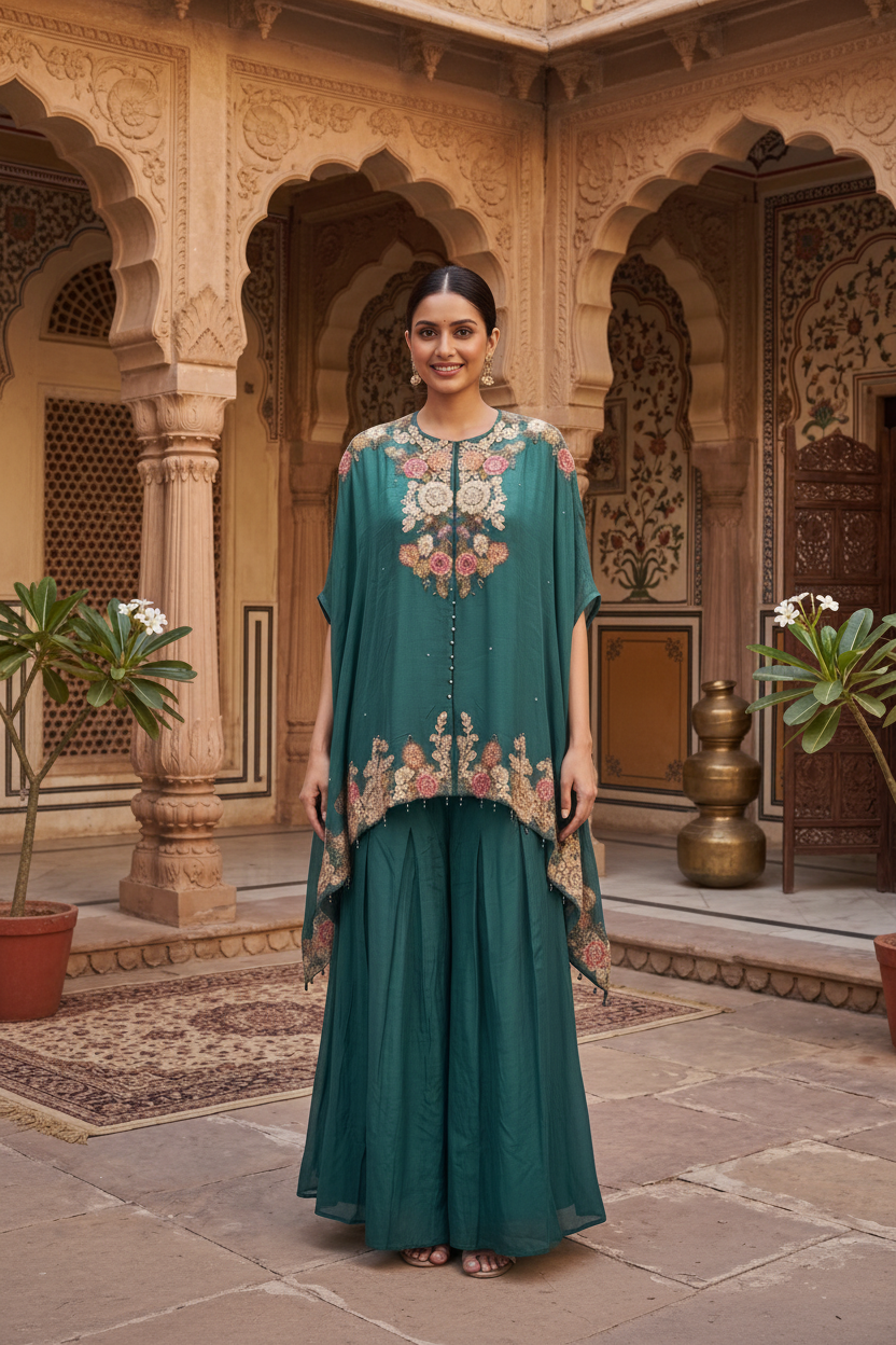 Deep Teal Embroidered Kora Silk Kaftan With Flared Palazzo