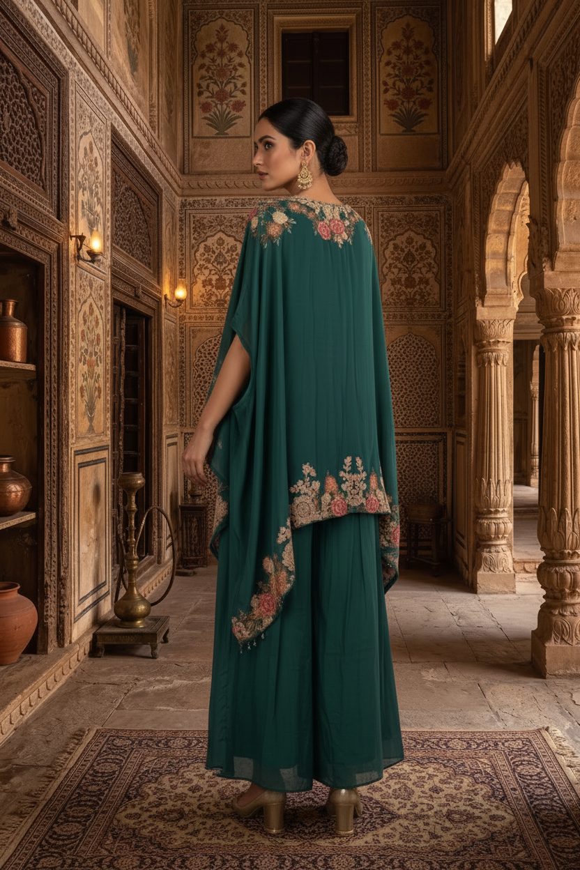 Deep Teal Embroidered Kora Silk Kaftan With Flared Palazzo