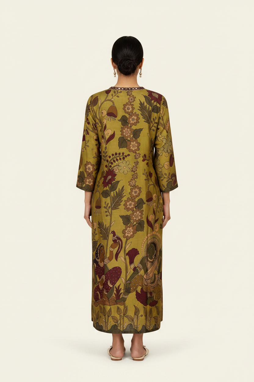 Earthy Toned Kalamkari Printed Mysore Silk Kurti