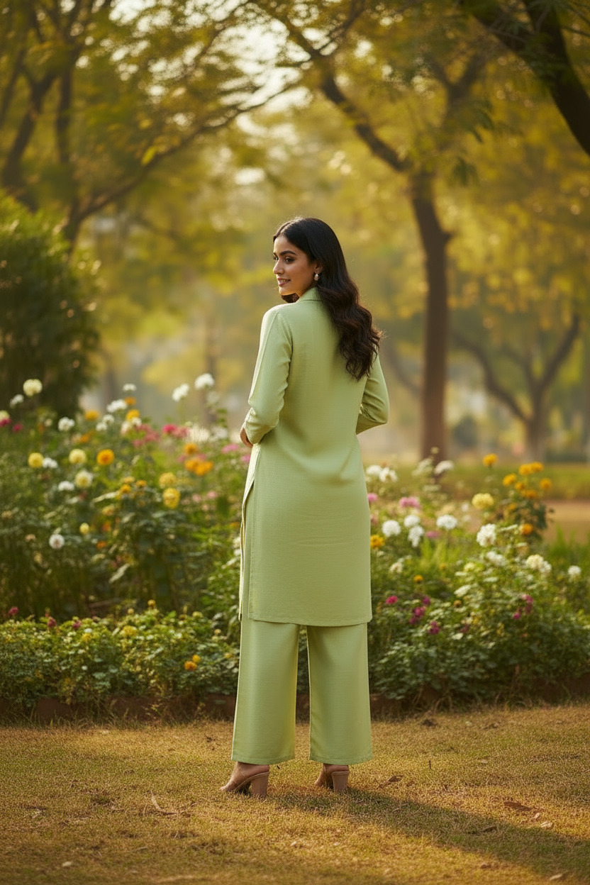 Sage Green Thread Work Co-Ord Set – Straight Palazzo
