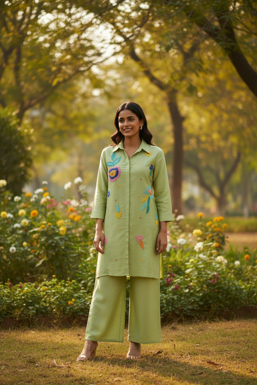 Sage Green Thread Work Co-Ord Set – Straight Palazzo