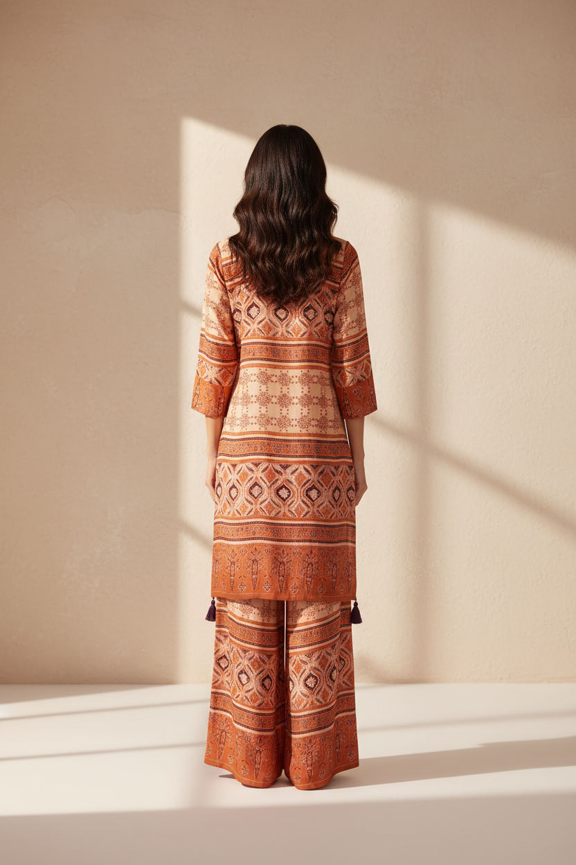 Brick Orange Ajrak Printed Modal Co-Ord Set With Palazzo