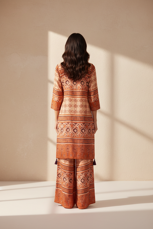 Brick Orange Ajrak Printed Modal Co-Ord Set With Palazzo