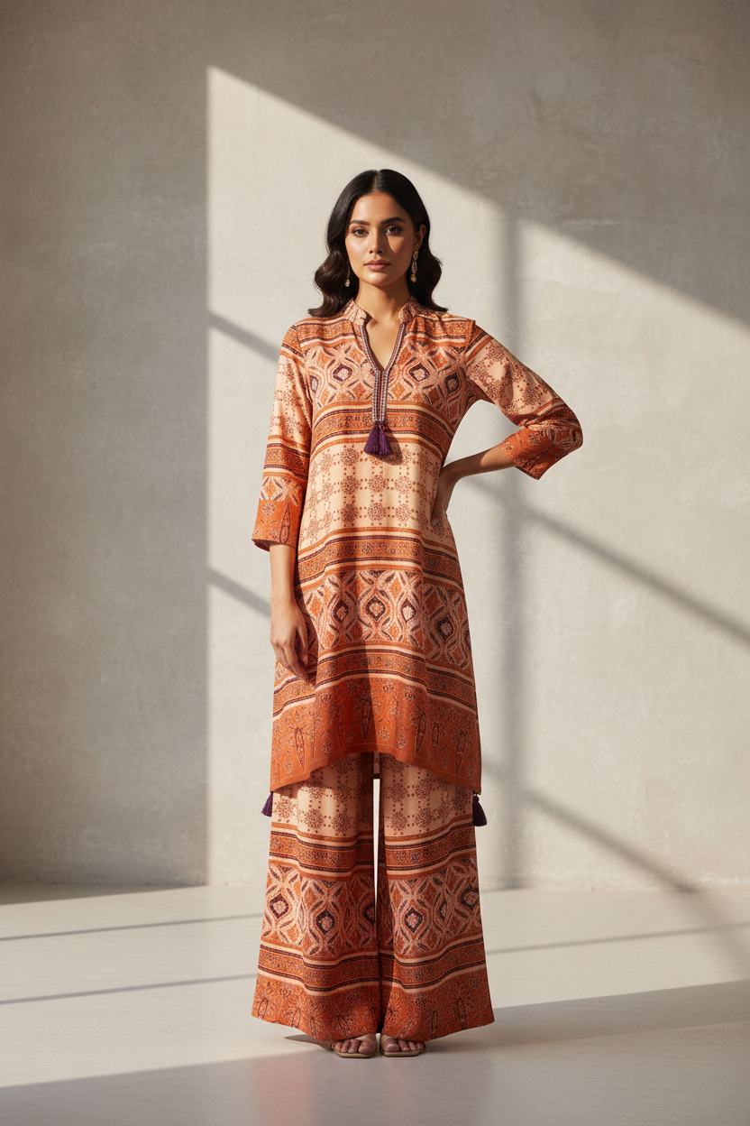 Brick Orange Ajrak Printed Modal Co-Ord Set With Palazzo