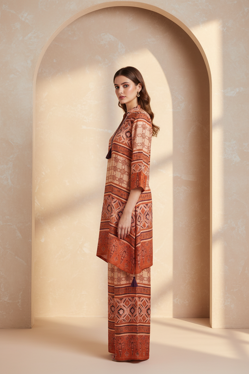 Brick Orange Ajrak Printed Modal Co-Ord Set With Palazzo