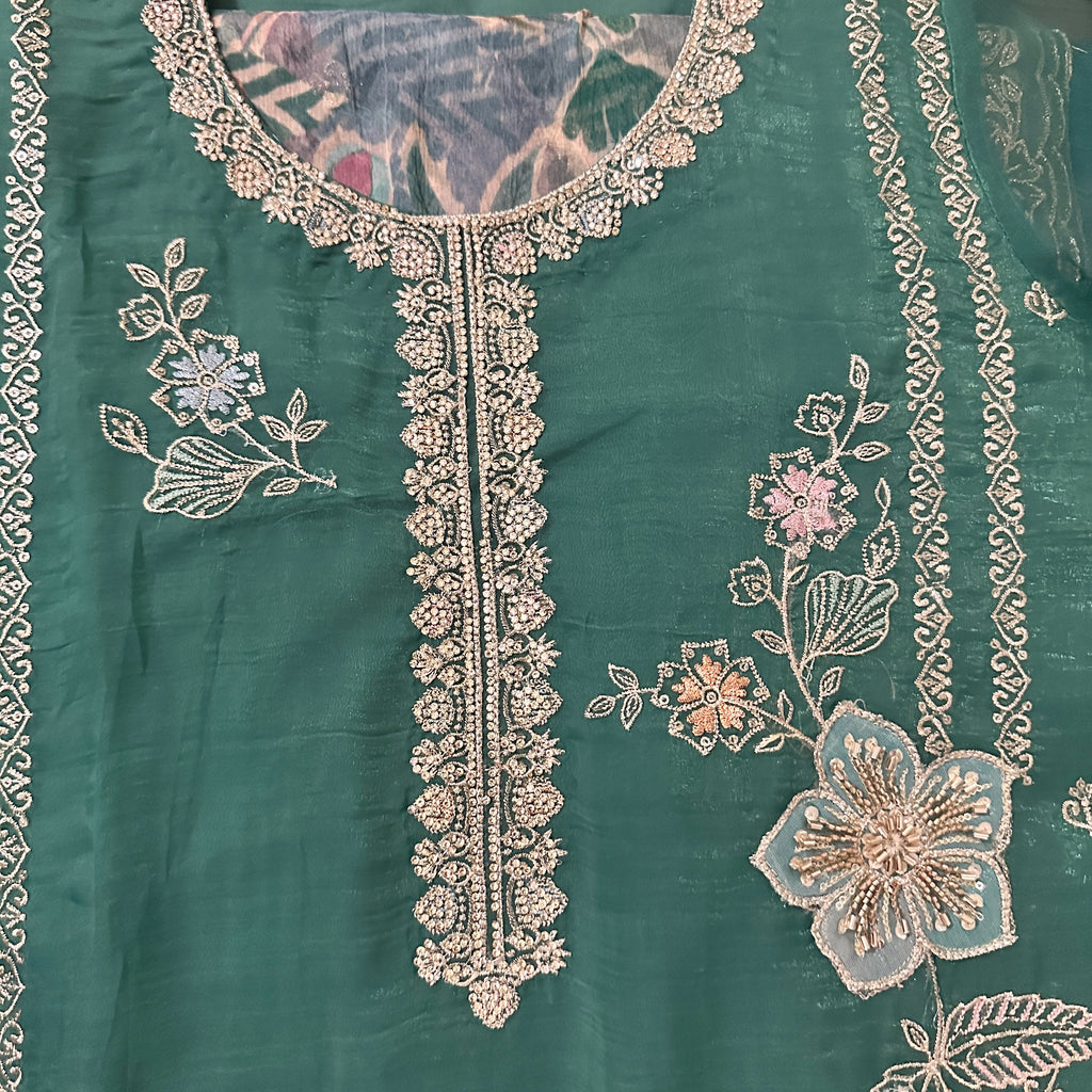 Emerald Green Organza Silk Appliqué, Thread And Stone Embroidery Set With Dupatta – Salwar