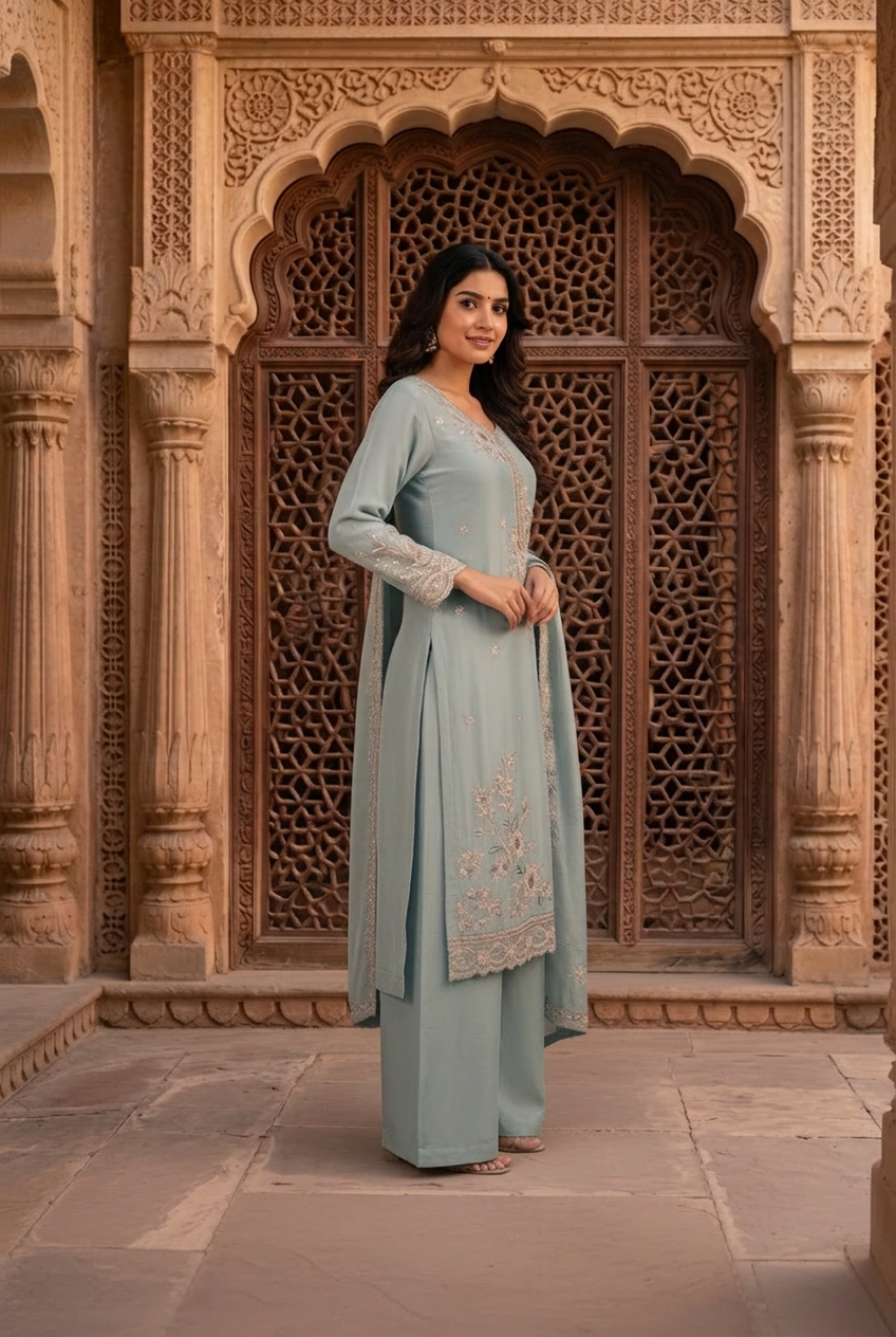 Grey Blue Crepe Embroidered Set With Dupatta – Wide-Legged Palazzo