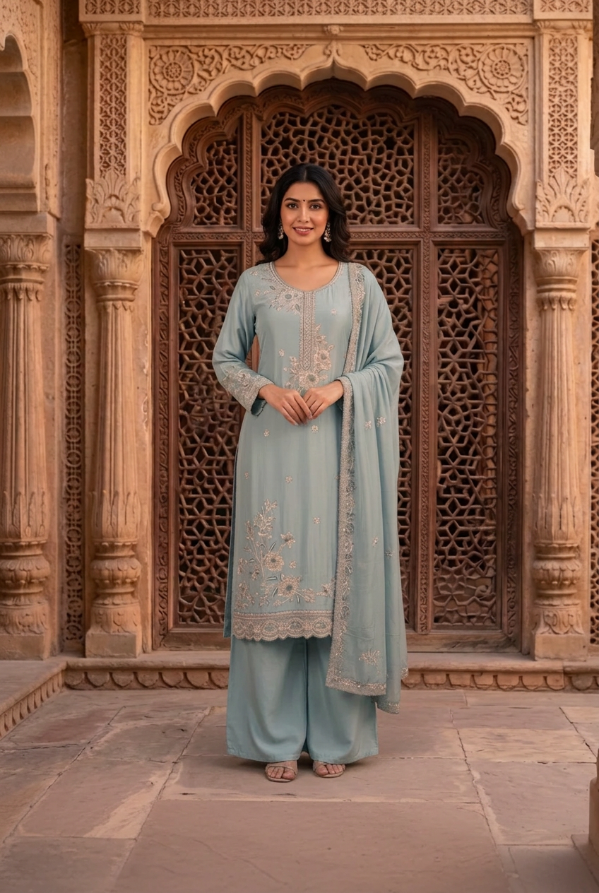 Grey Blue Crepe Embroidered Set With Dupatta – Wide-Legged Palazzo