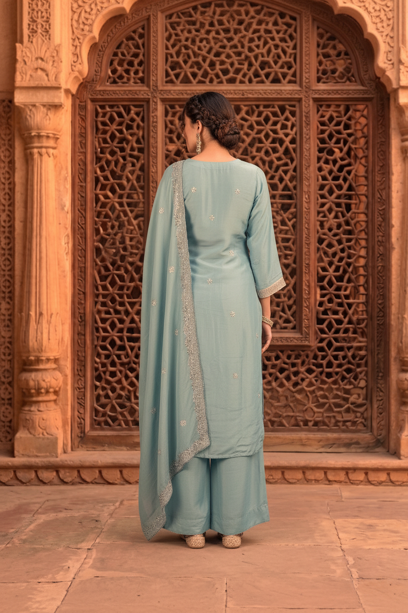 Grey Blue Crepe Embroidered Set With Dupatta – Wide-Legged Palazzo