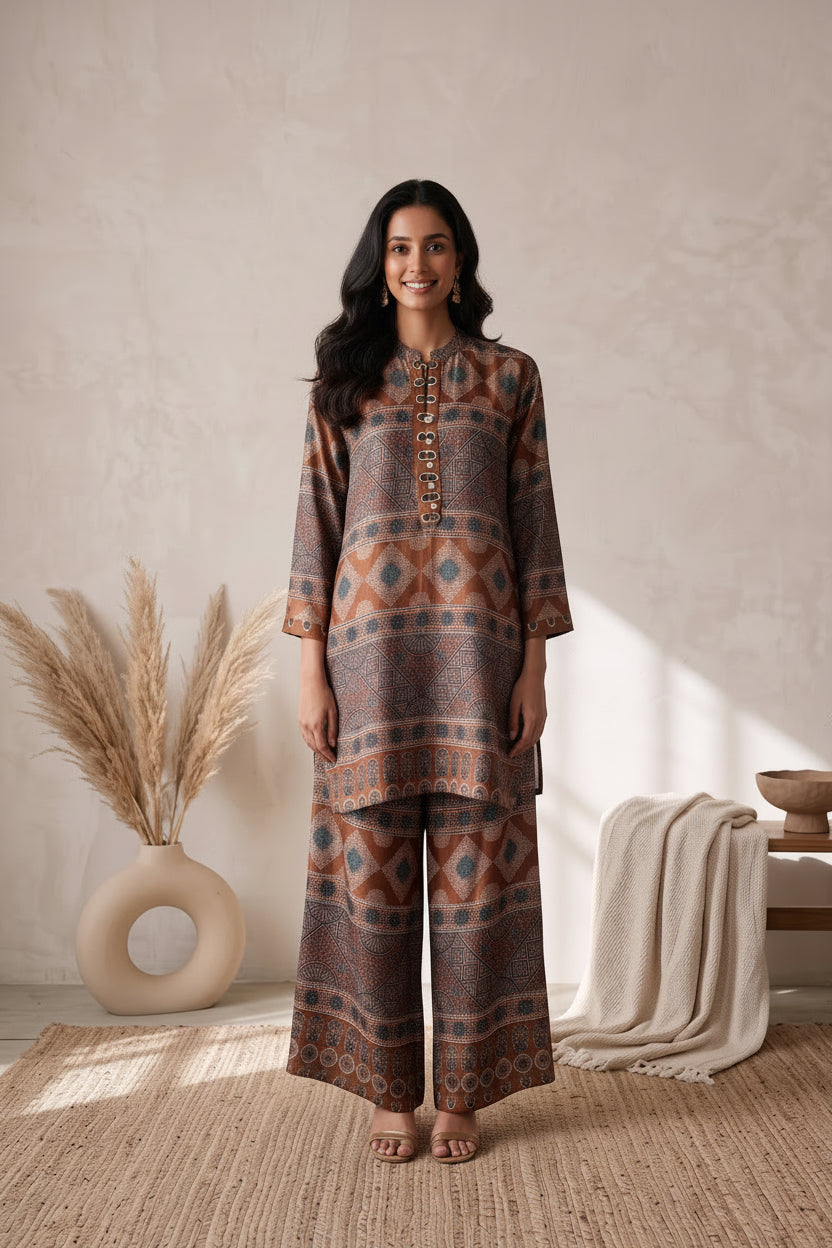 Brown & Green Printed Modal Blend Co-Ord Set -Straight Pants