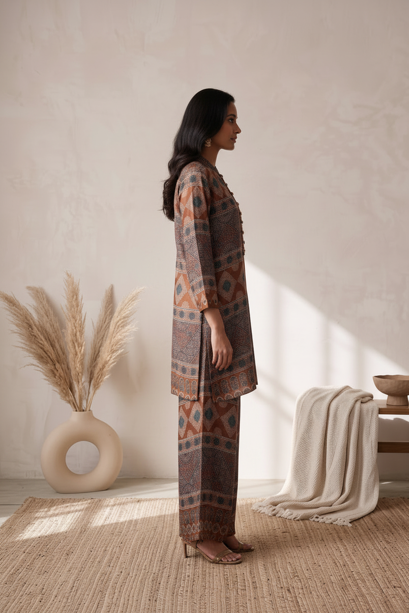 Brown & Green Printed Modal Blend Co-Ord Set -Straight Pants