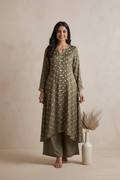 Sage Green Bandhini Kurti With Mirror Lace, Ajrak and Bandhini Dupatta
