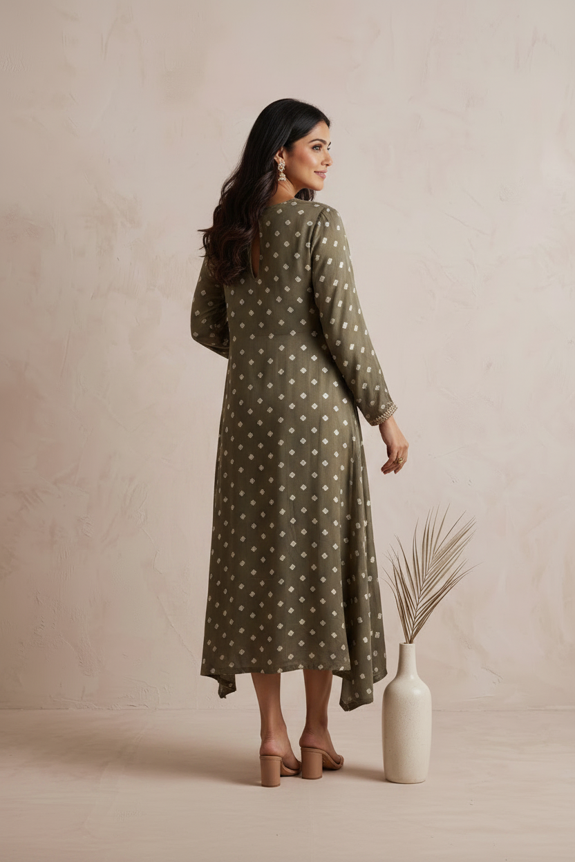 Sage Green Bandhini Kurti With Mirror Lace, Ajrak and Bandhini Dupatta