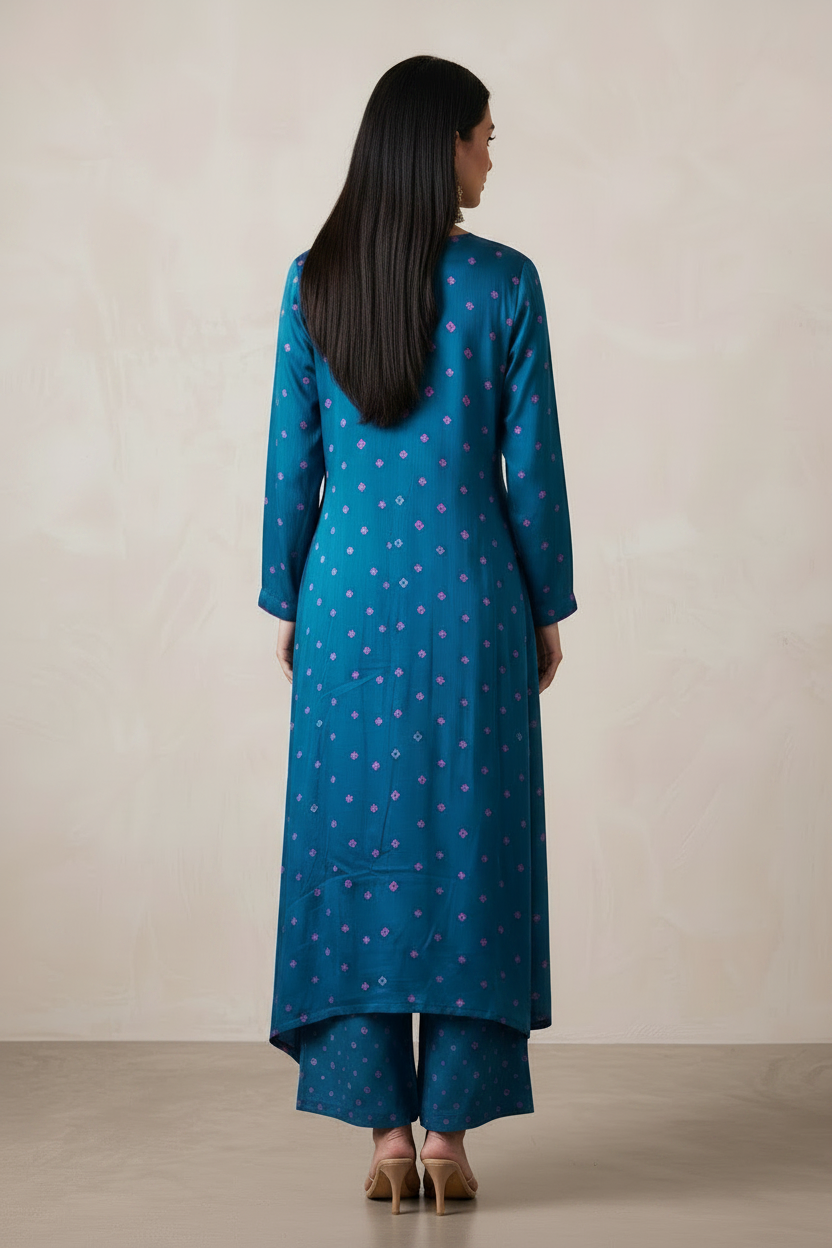 Peacock Blue Modal Bandhini Kurti