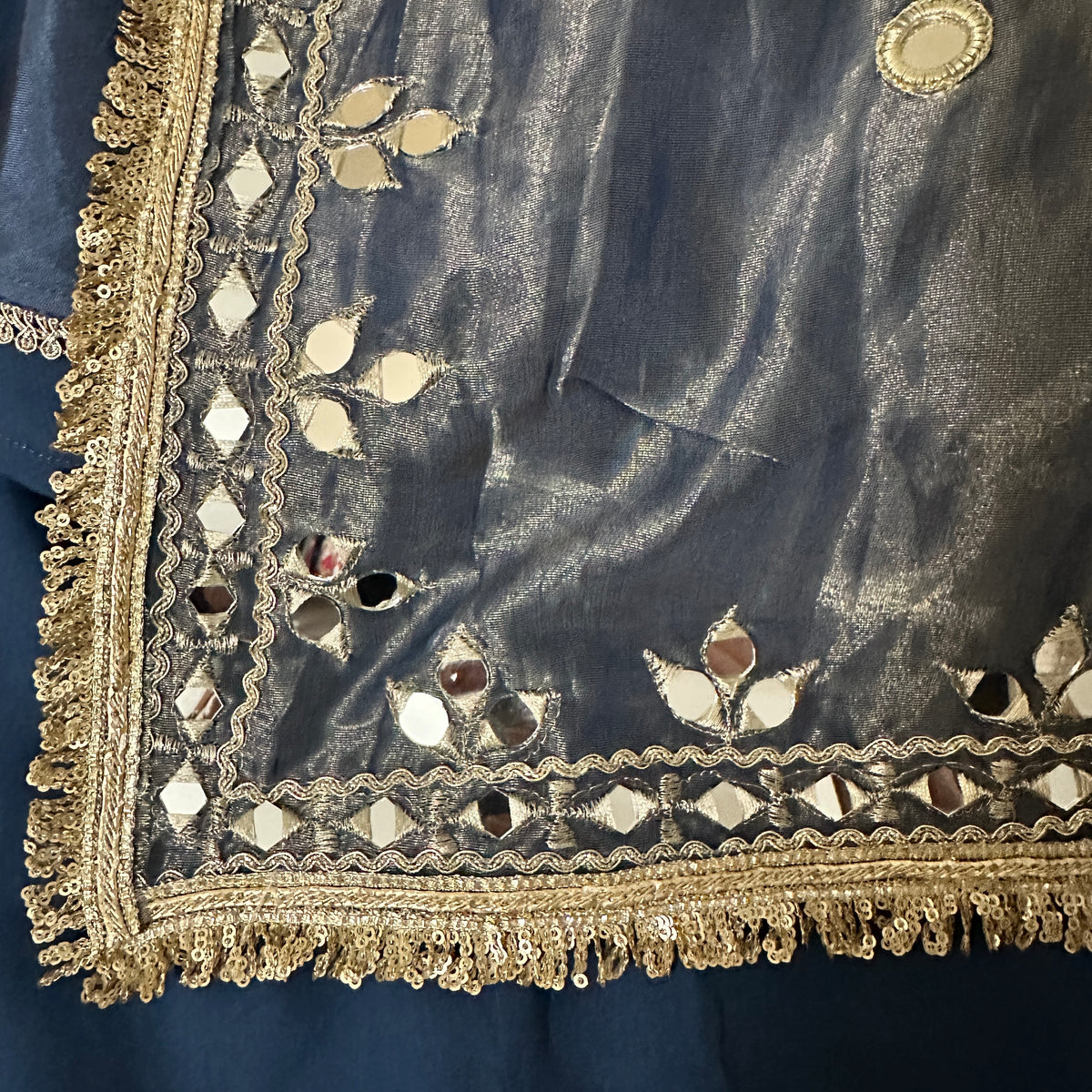 Blue Grey Jacquard Mirror Work Set With Dupatta – Flared Palazzo