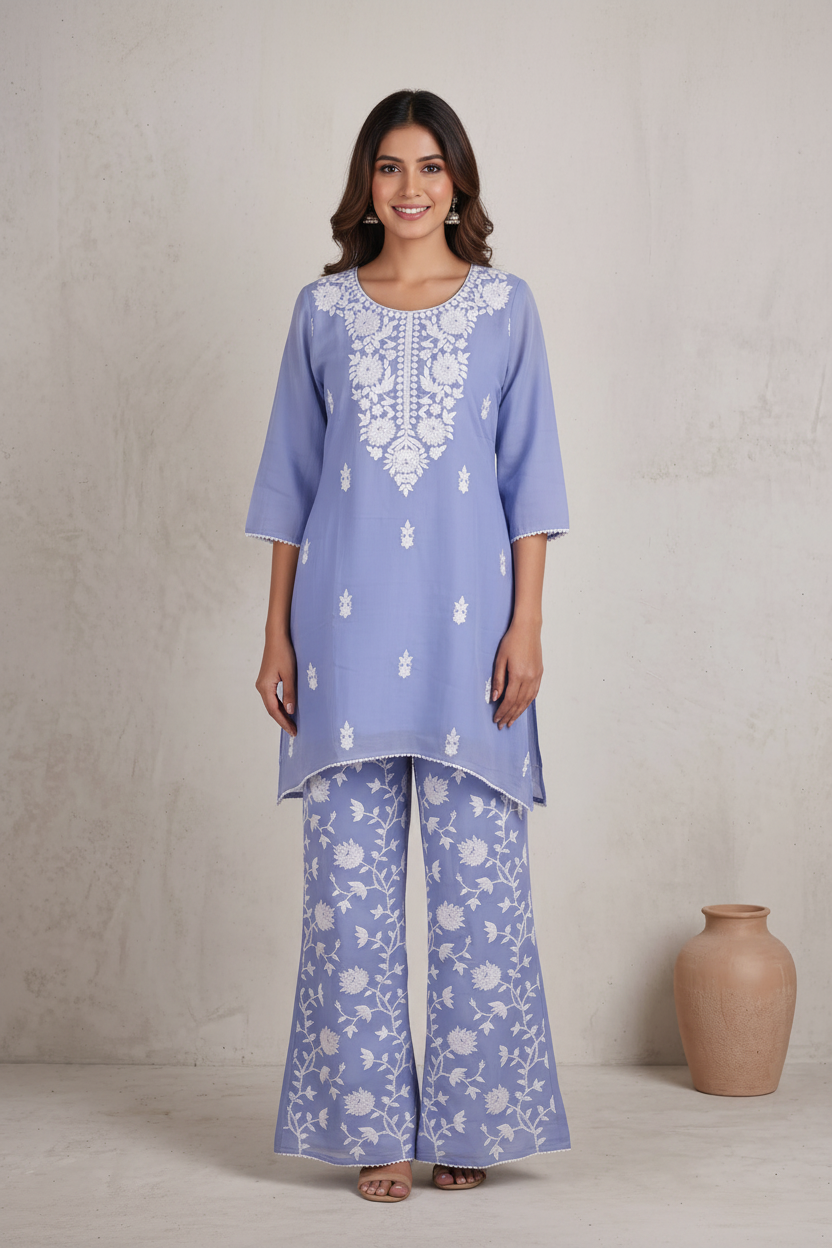 Grey Chanderi Blend Chikankari Co-Ord Set – Belled Bottom