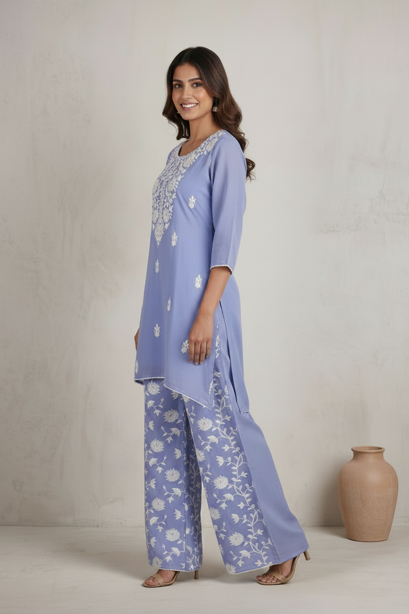 Grey Chanderi Blend Chikankari Co-Ord Set – Belled Bottom